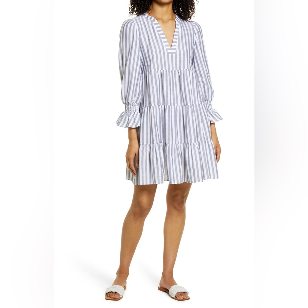 Eliza J Striped Tiered Long Sleeve Cotton Dress Size 4